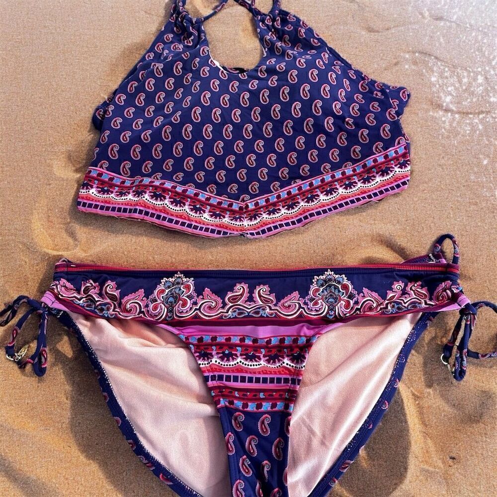 Cremieux Paisley Boho Bikini Purple PinknHigh Neck Open Tie Scarf Back Design